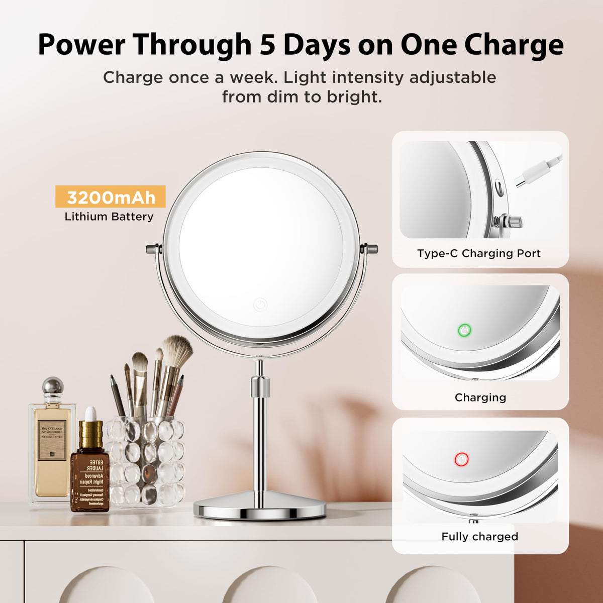 tubbede Double-Sided Makeup Mirror 360-degree rotation