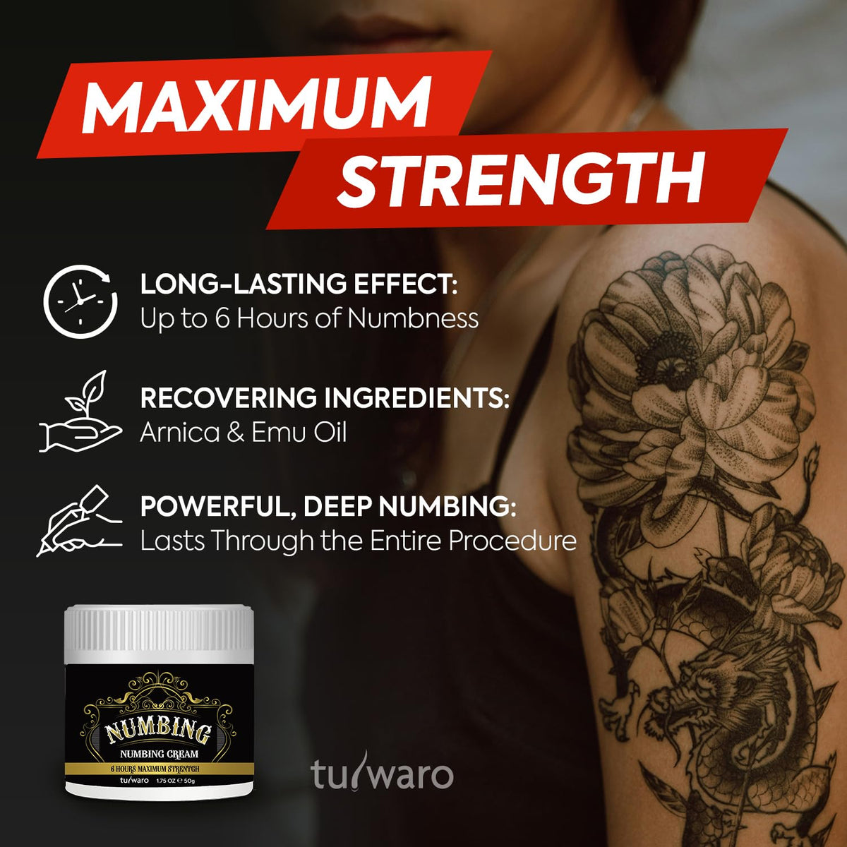 tuiwaro Numbing Cream 50ml back view showing ingredients