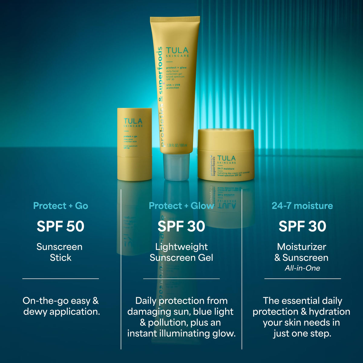 TULA sunscreen gel on a bathroom counter