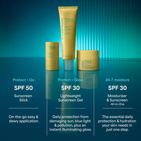 TULA sunscreen gel on a bathroom counter