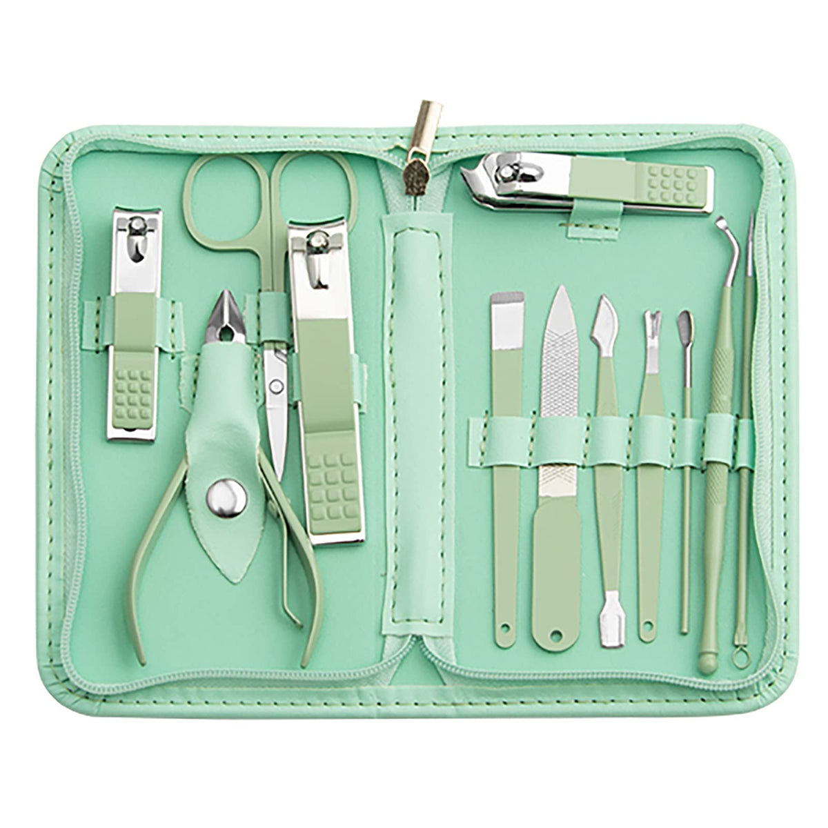 Tumkun Nail Kit 12-piece manicure pedicure set in green travel case