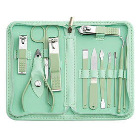 Tumkun Nail Kit 12-piece manicure pedicure set in green travel case