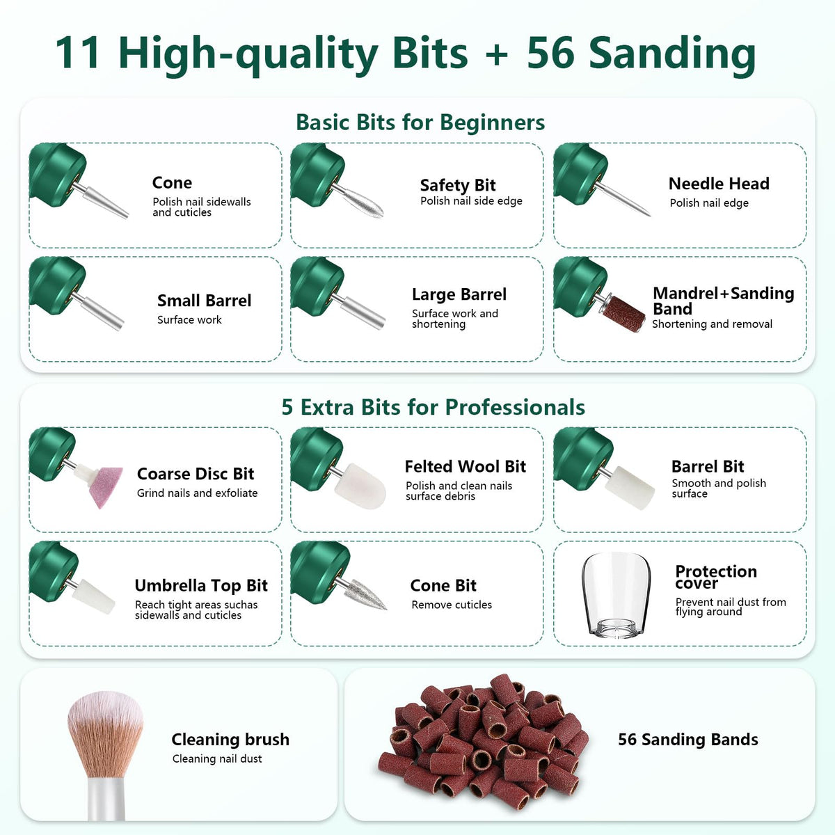 TUOBEO Cordless Nail Drill Kit accessories and attachments
