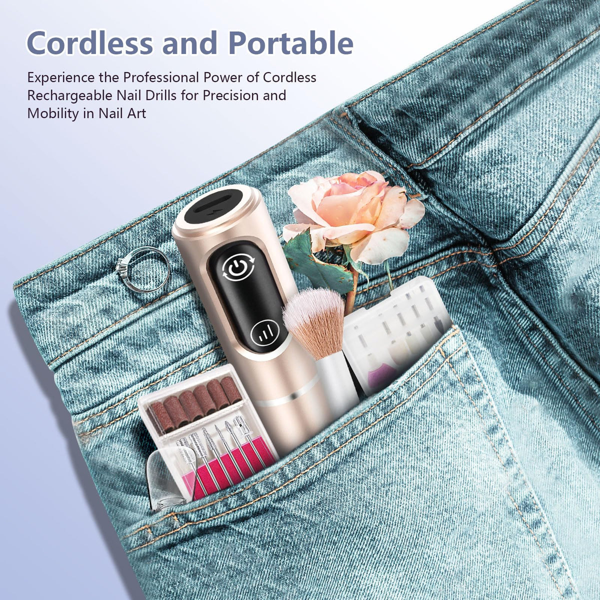 TUOBEO Cordless Nail Drill Kit in use on acrylic nails