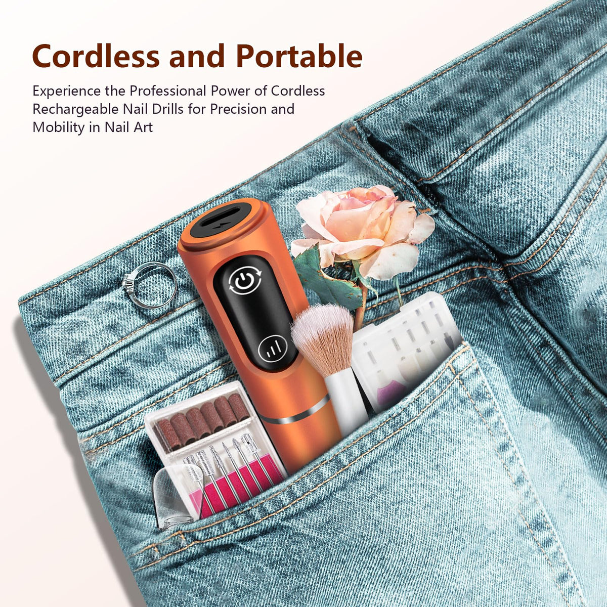 TUOBEO nail drill with drill bits and sanding bands displayed