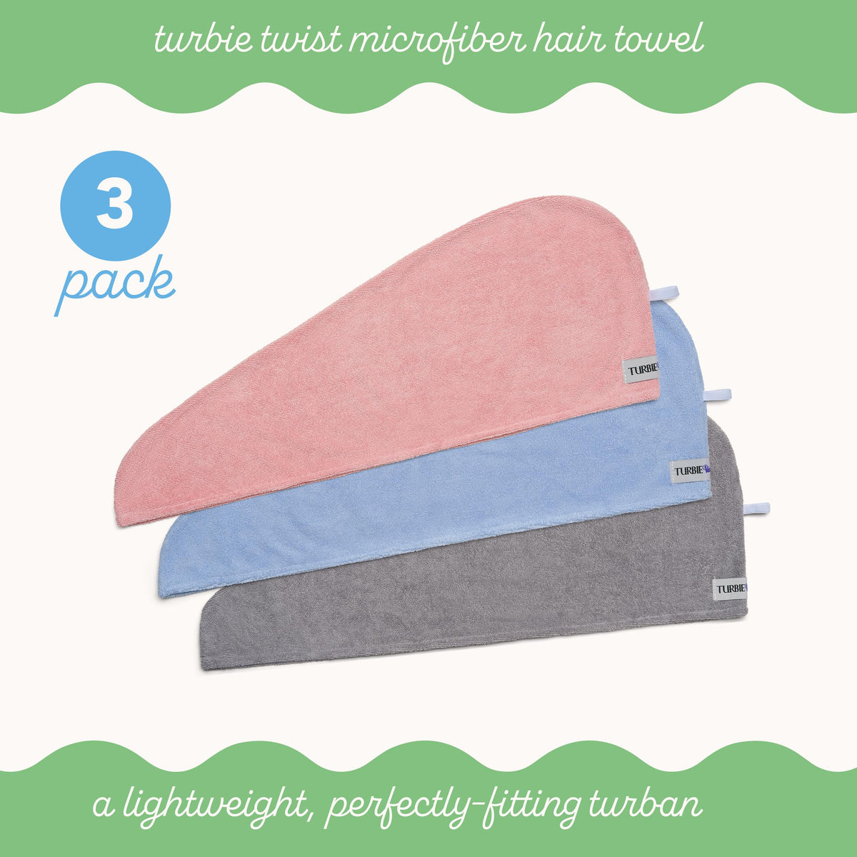 Turbie Twist blue microfiber hair towel wrapped around hair
