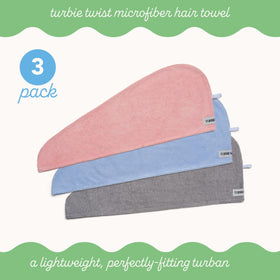 Turbie Twist blue microfiber hair towel wrapped around hair