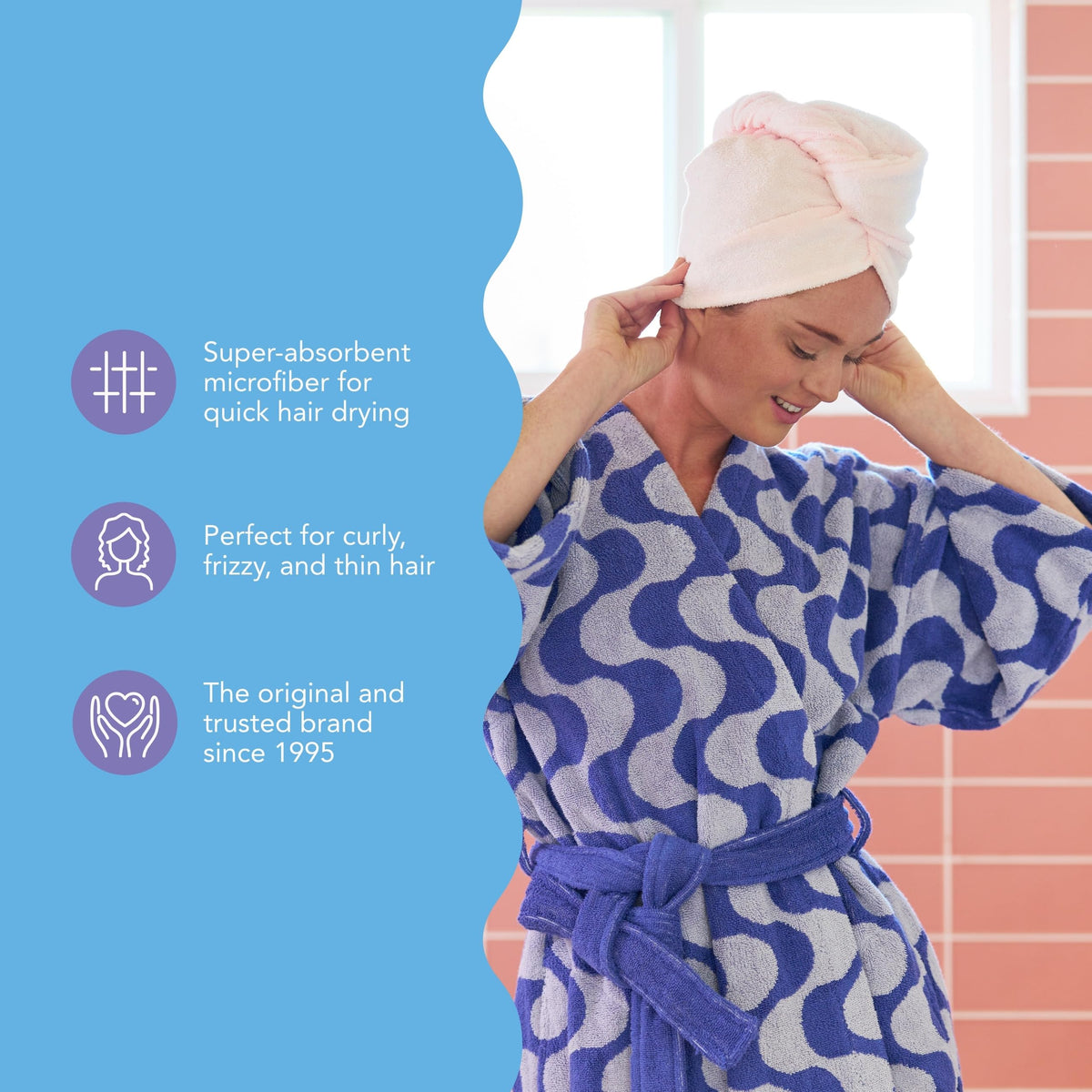 Turbie Twist hair towel in a bathroom setting