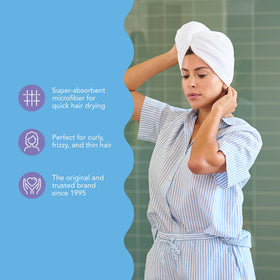 Turbie Twist hair towel in a stylish travel bag
