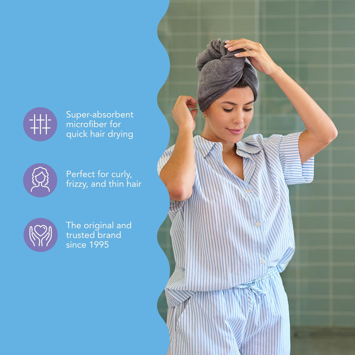 Turbie Twist hair towel in use with a woman drying her hair