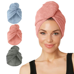 Turbie Twist Microfiber Hair Towel 3-Pack in gray, blue, and pink