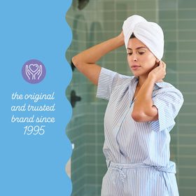 Turbie Twist Microfiber Hair Towel in use during drying