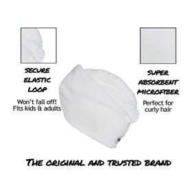 Turbie Twist Microfiber Hair Towel on a bathroom counter