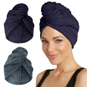 Turbie Twist Microfiber Hair Towel pack in Evening Blue and Dark Shadow