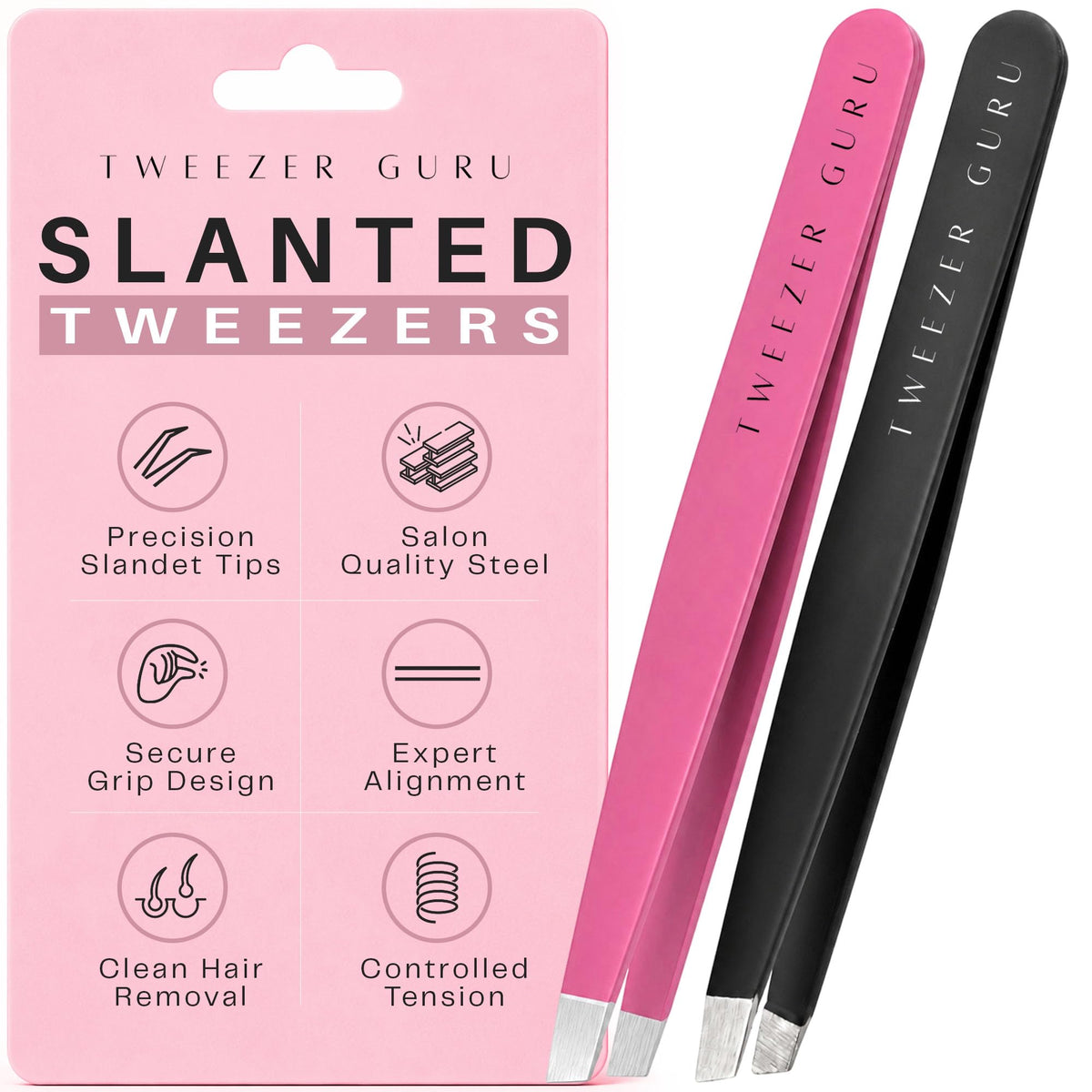 TWEEZER GURU precision slant-pointed tweezers in black and pink