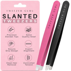 TWEEZER GURU precision slant-pointed tweezers in black and pink