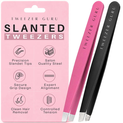 TWEEZER GURU precision slant-pointed tweezers in black and pink