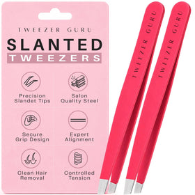 TWEEZER GURU Precision Slant-Pointed Tweezers in bright pink, front view