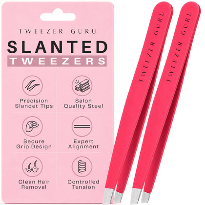 TWEEZER GURU Precision Slant-Pointed Tweezers in bright pink, front view