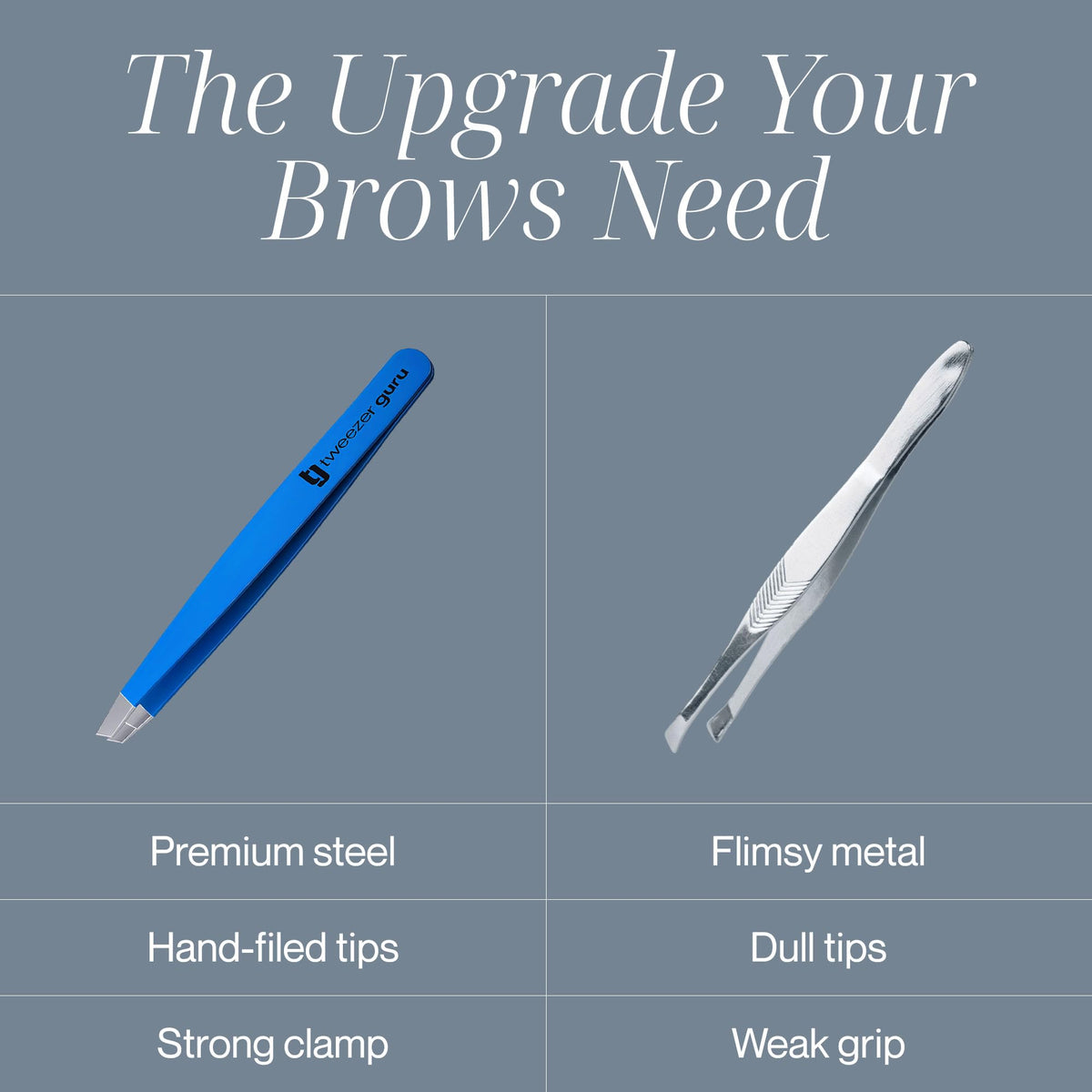TWEEZER GURU Precision Tweezers with background of beauty products