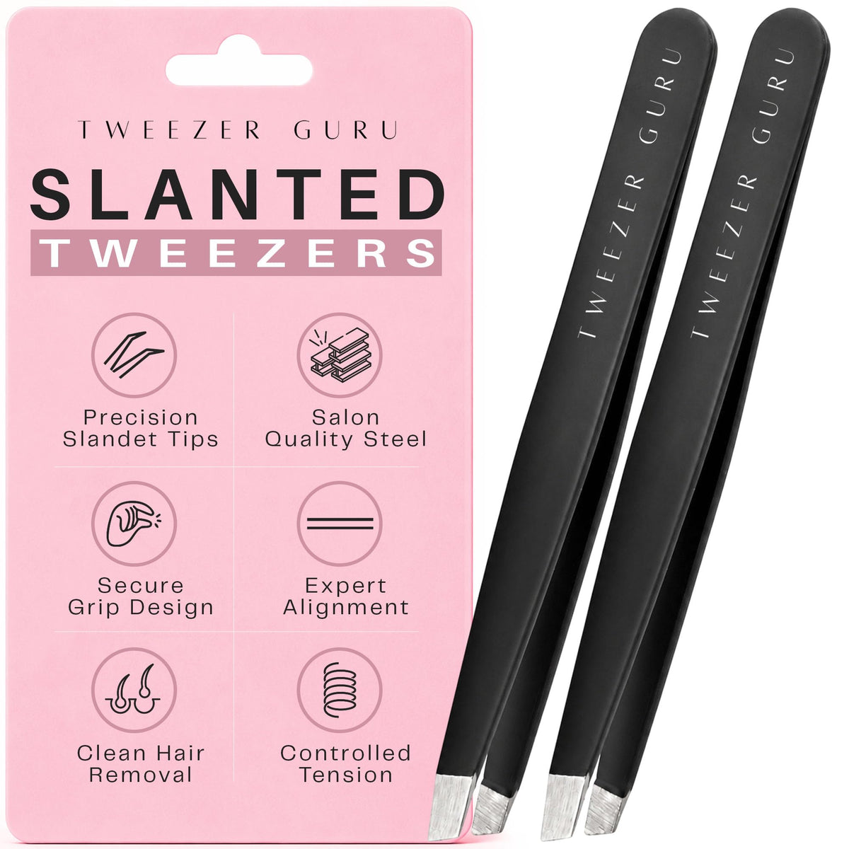 TWEEZER GURU slant-pointed tweezers front view in black