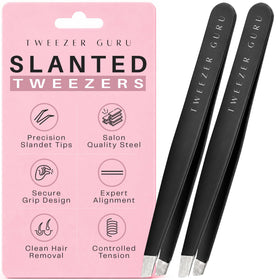 TWEEZER GURU slant-pointed tweezers front view in black