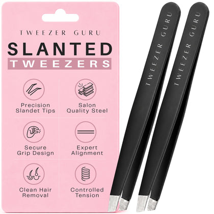 TWEEZER GURU slant-pointed tweezers front view in black