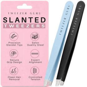 TWEEZER GURU slant tip eyebrow tweezers in black and sky blue