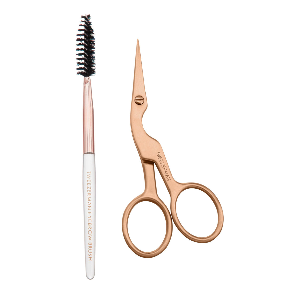 Tweezerman Eyebrow Shaping Scissors and Brush Rose Gold front view