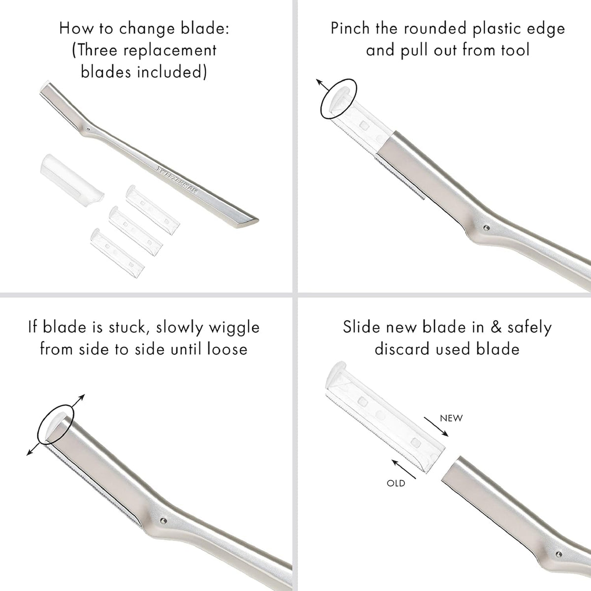 Tweezerman Facial Razor Replacement Blades showing three blades
