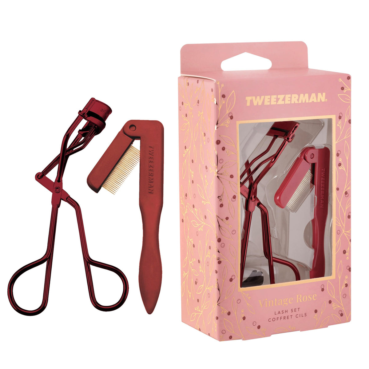Tweezerman Lash Gift Set Vintage Rose front view with curler and comb