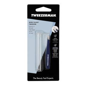 Tweezerman Mini Slant Tweezer Evening Blue on a vanity