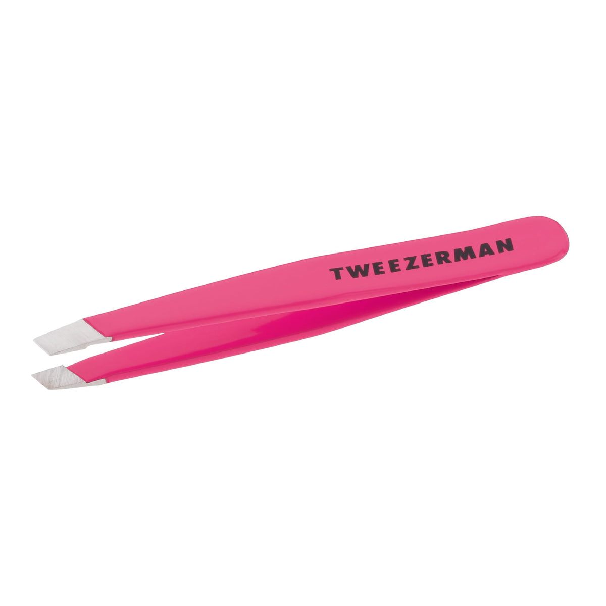 Tweezerman Mini Slant Tweezer in neon pink front view