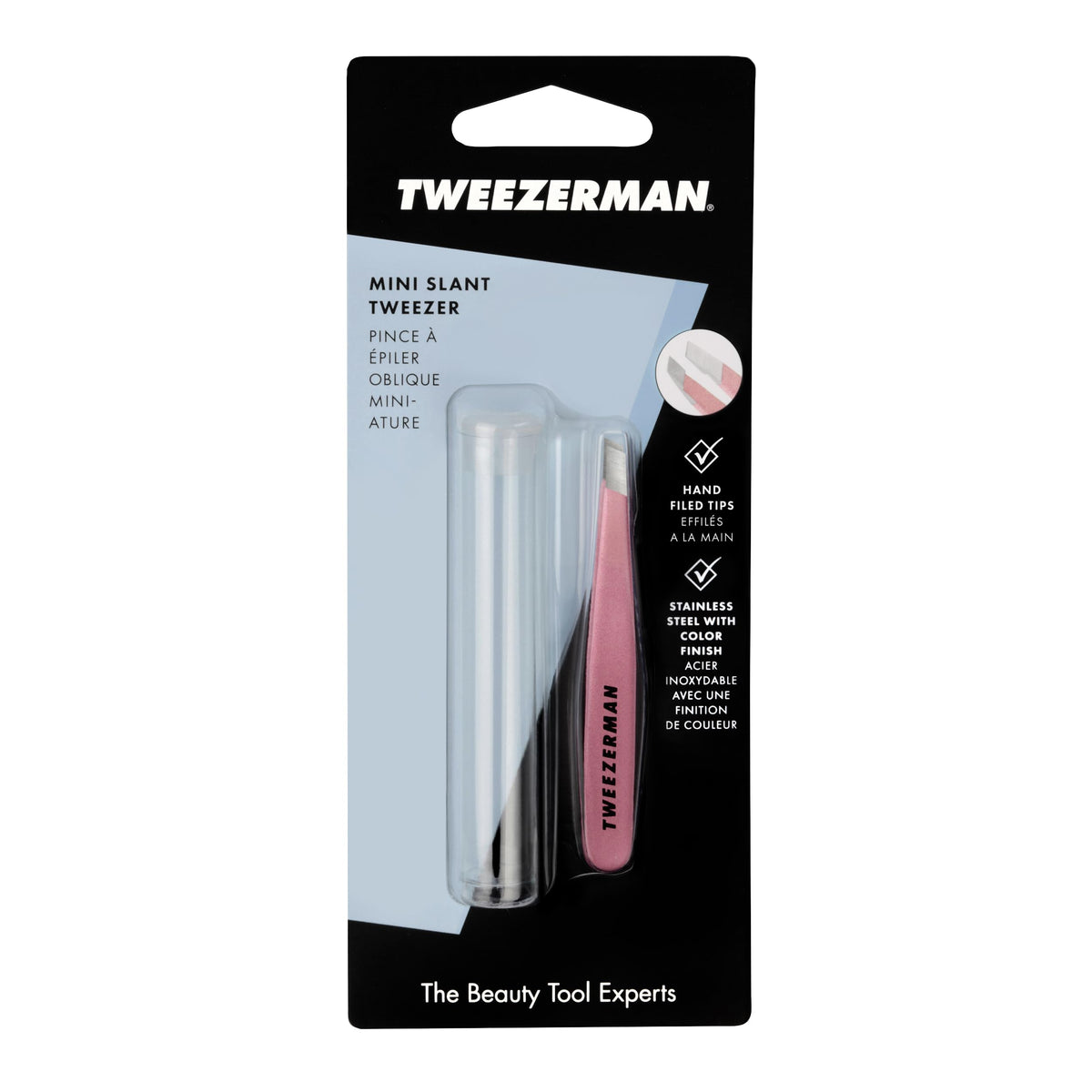 Tweezerman Mini Slant Tweezers with warm washcloth