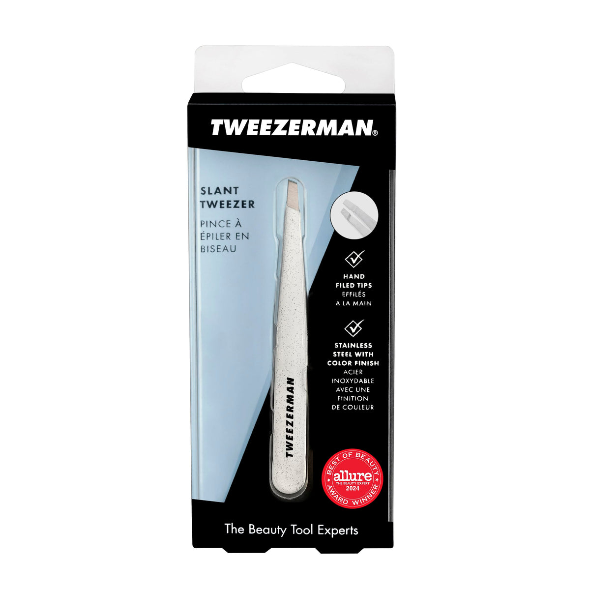 Tweezerman Slant Tweezer demonstrating hair removal