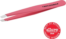 Tweezerman Slant Tweezer Geranium in use on brows