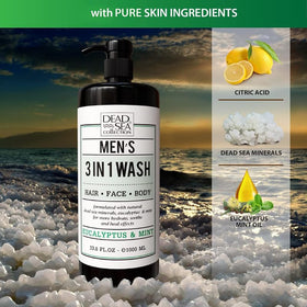 Two bottles of Dead Sea Collection Eucalyptus Mint Men’s Body Wash on a bathroom shelf