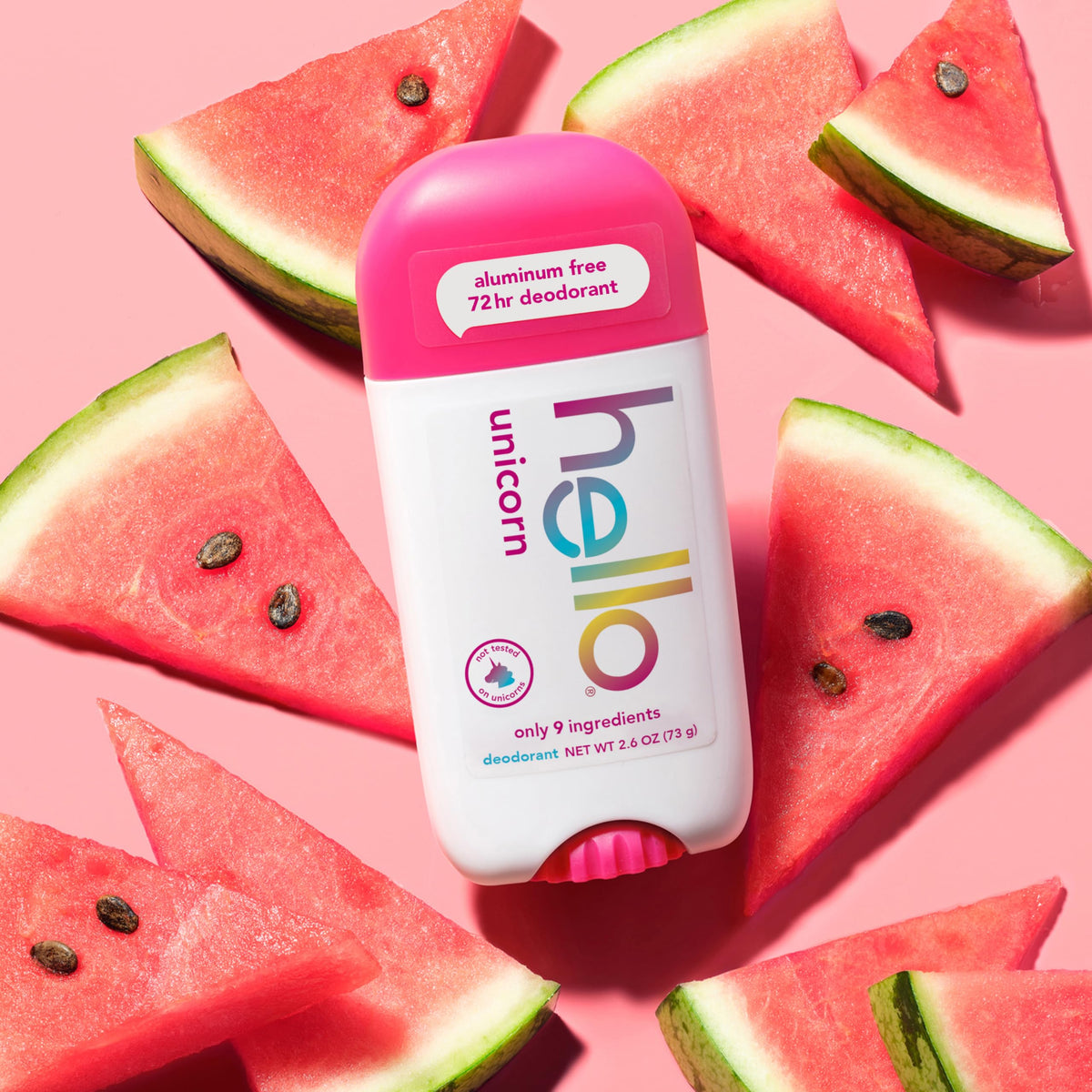 two hello Unicorn Deodorants with a fruity background
