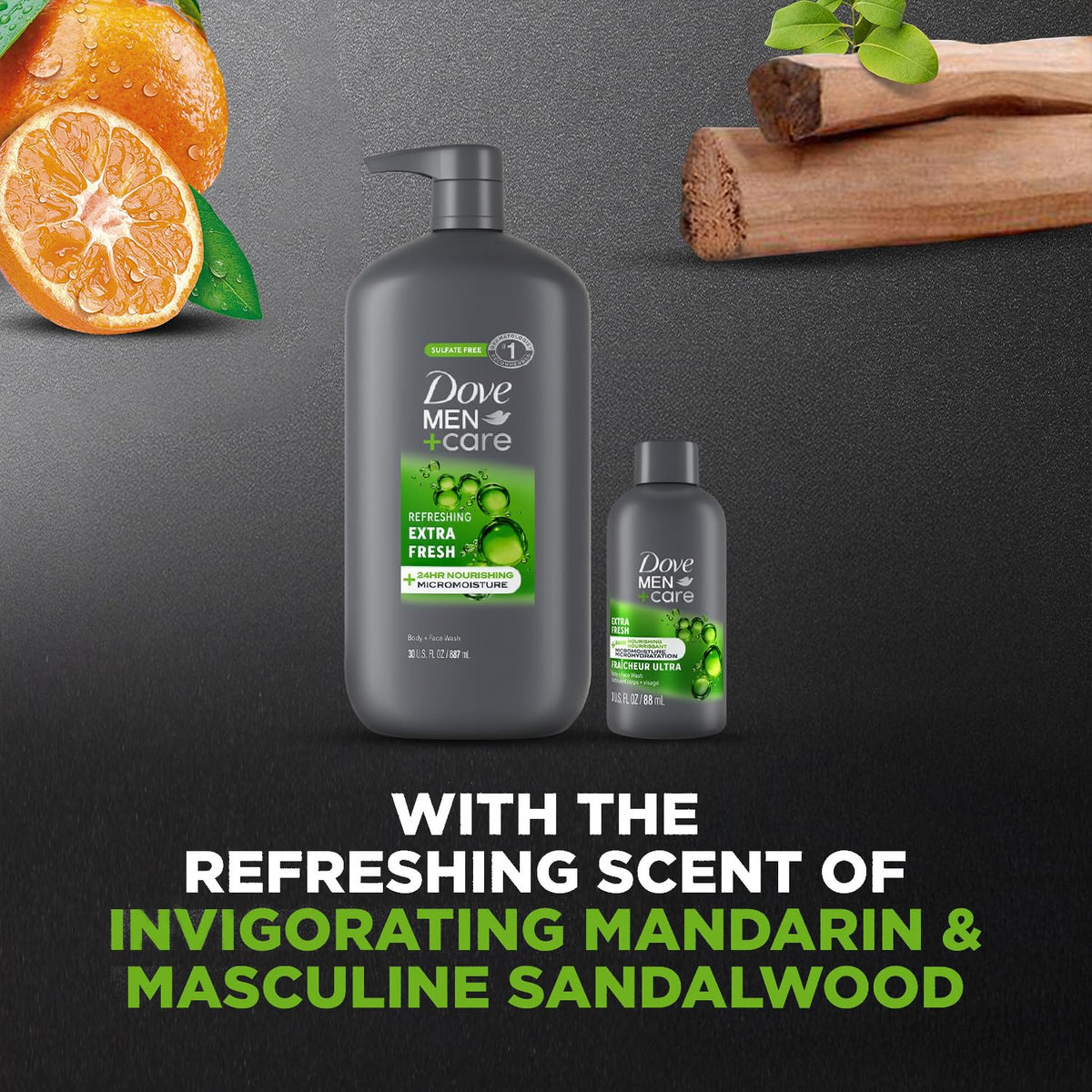 Two large Dove Men+Care body wash bottles with travel size