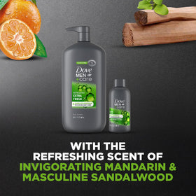 Two large Dove Men+Care body wash bottles with travel size