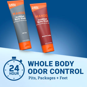 Two Mando Body Wash bottles side by side on a bathroom counter