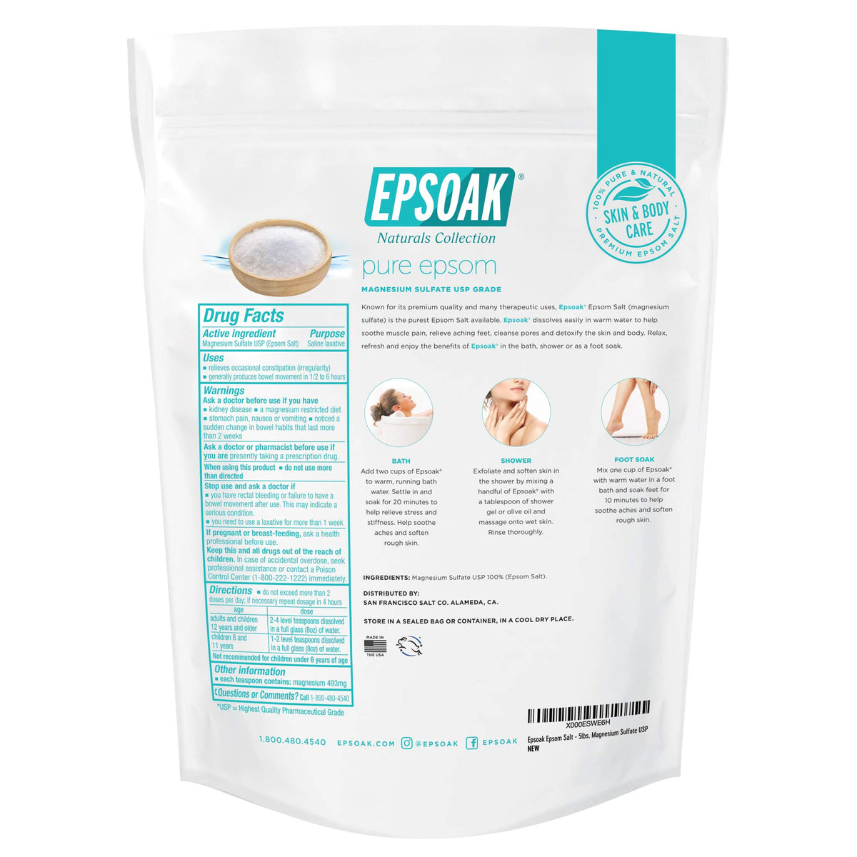 Two resealable bags of Epsoak Epsom Salt 5 lb each