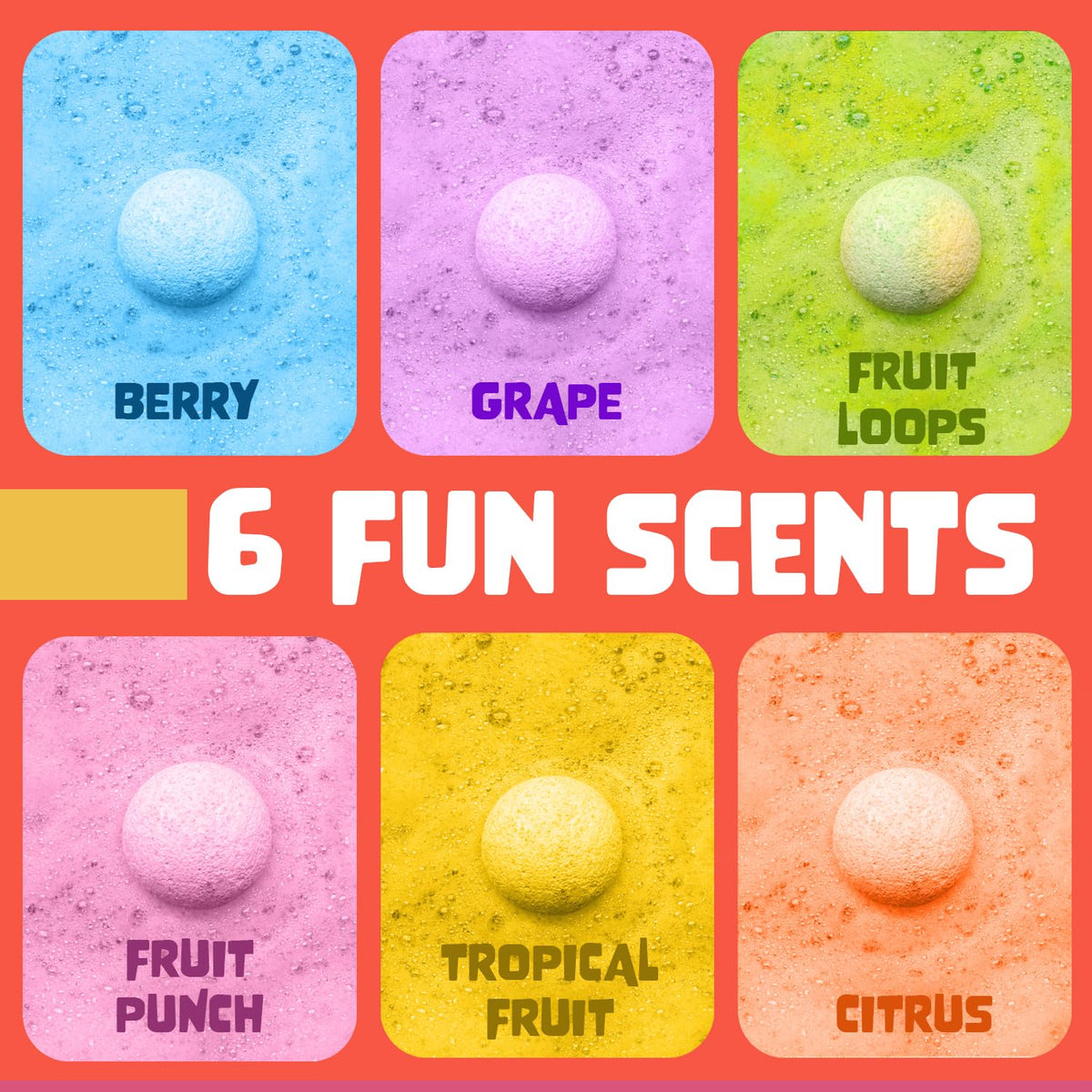 Two Sisters bath bombs with fruity scents displayed