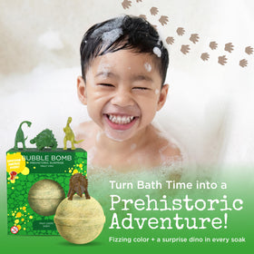 Two Sisters Dinosaur Bath Bombs displayed with a fruity background
