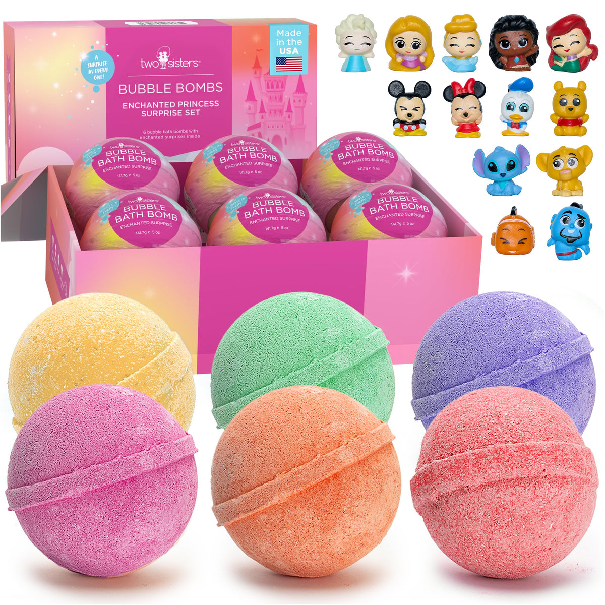 Two Sisters Princess Bath Bombs 6 pack with colourful packaging
