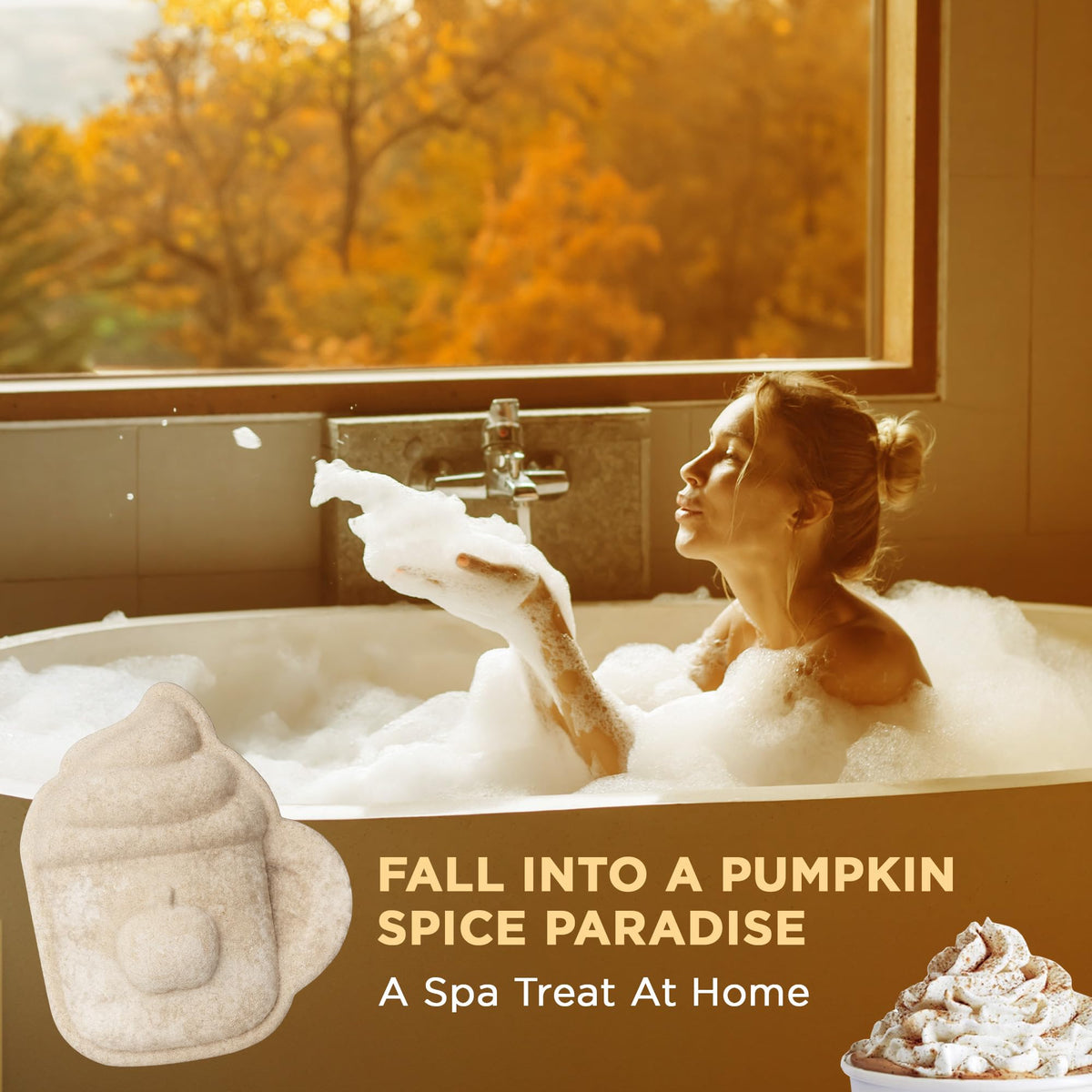Two Sisters Pumpkin Spice Latte Bath Bomb beside a cozy blanket