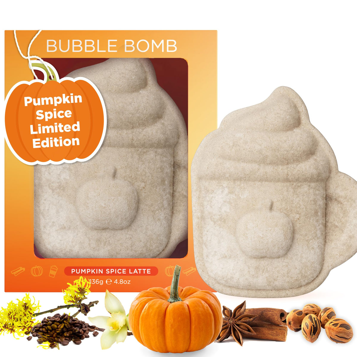 Two Sisters Pumpkin Spice Latte Bath Bomb front view with cozy latte mug shape