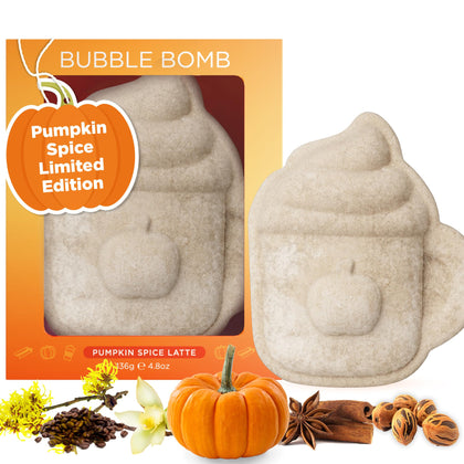 Two Sisters Pumpkin Spice Latte Bath Bomb front view with cozy latte mug shape
