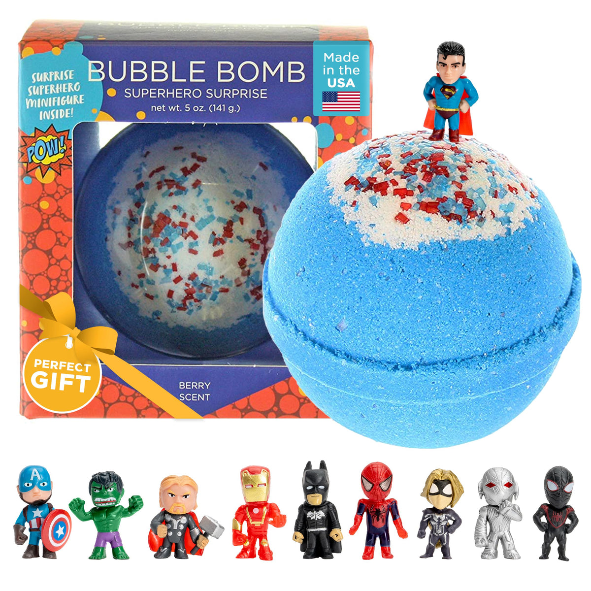 Two Sisters Superhero Bath Bomb front view with packaging