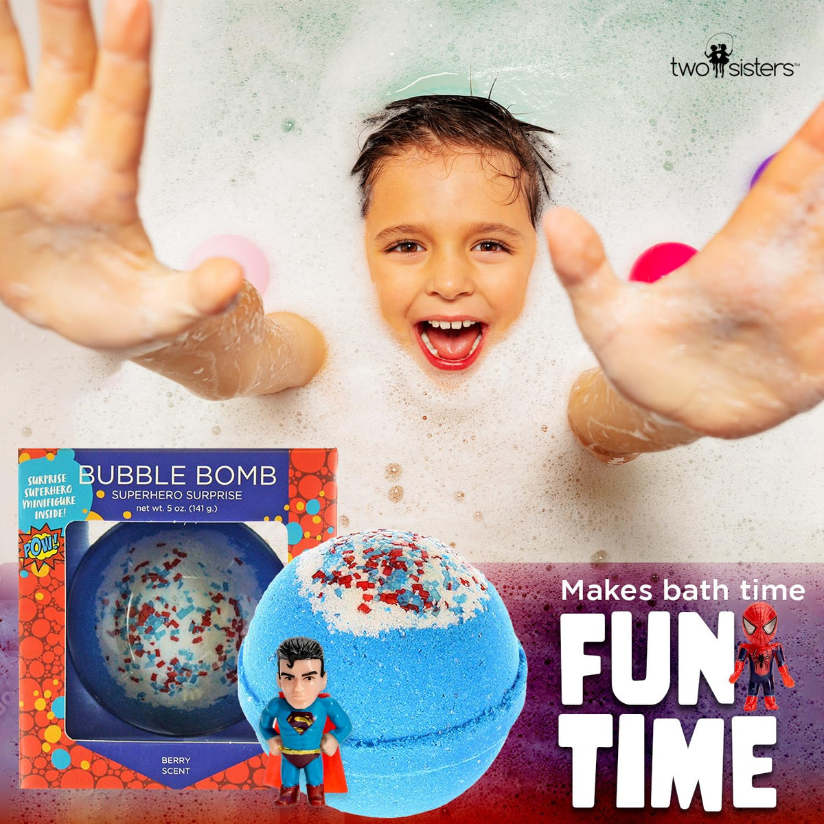 Two Sisters Superhero Bath Bomb in tub with bubbles